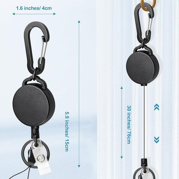 2 Pack Retractable Keychain Heavy Duty Badge Reel Carabiner With 30A Cord Black Keyrings