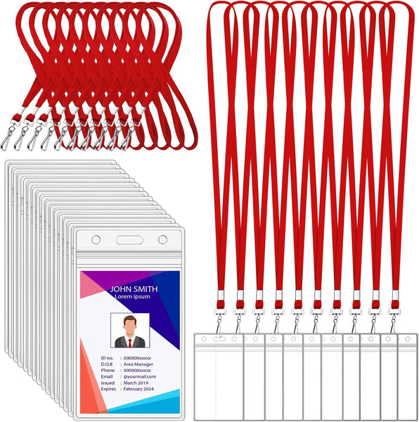 100 Pack Badge Lanyards With Id Card Holders Red Vertical Waterproof For Office School Travel School Supplies
