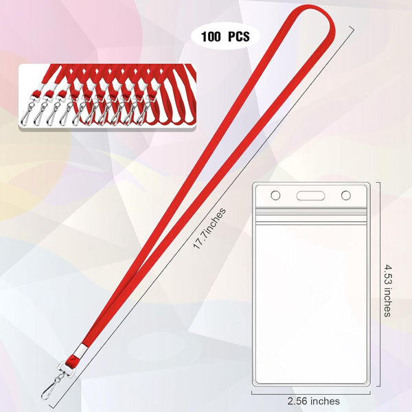 100 Pack Badge Lanyards With Id Card Holders Red Vertical Waterproof For Office School Travel School Supplies