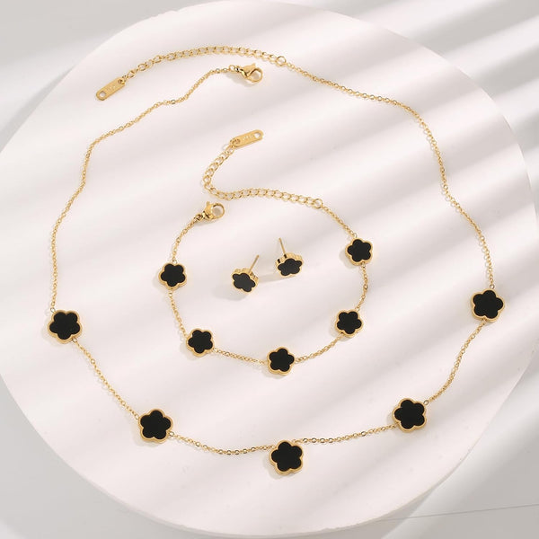 Lucky Clover 18K Gold Plated Necklace Bracelet Earring For Women Fashion Cute Simple Jewelry Sets Hypoallergenic Gift (Black) Jewellery Sets