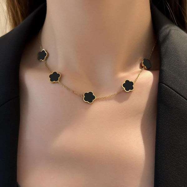 Lucky Clover 18K Gold Plated Necklace Bracelet Earring For Women Fashion Cute Simple Jewelry Sets Hypoallergenic Gift (Black) Jewellery Sets
