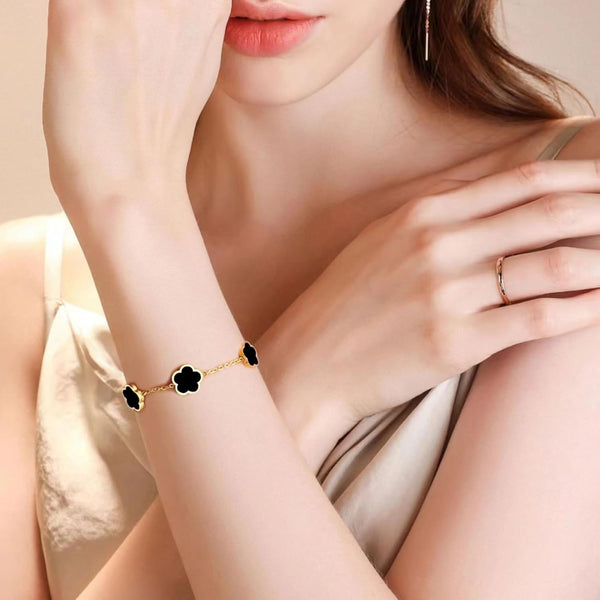 Lucky Clover 18K Gold Plated Necklace Bracelet Earring For Women Fashion Cute Simple Jewelry Sets Hypoallergenic Gift (Black) Jewellery Sets