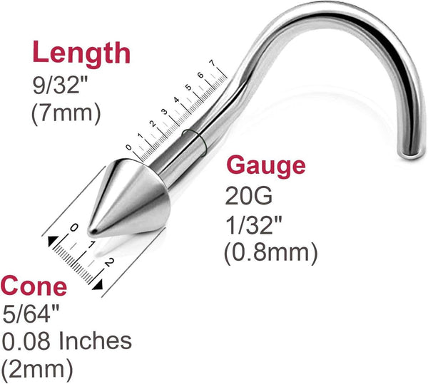 3Pcs 20G 0.8Mm Nose Screw Rings Nostril Stud Surgical Stainless Steel 2Mm Cone Spike Body Piercing Jewellery