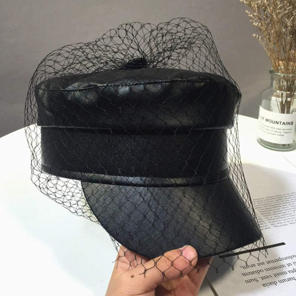 Spring Summer Octagol Cap Women Solid Black Pu Lace Veil Newsboy Caps Fashion Beret Hats
