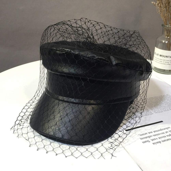 Spring Summer Octagol Cap Women Solid Black Pu Lace Veil Newsboy Caps Fashion Beret Hats