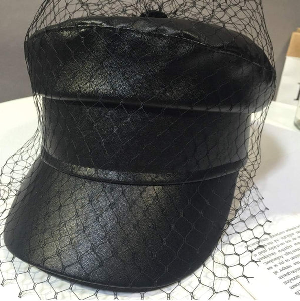 Spring Summer Octagol Cap Women Solid Black Pu Lace Veil Newsboy Caps Fashion Beret Hats