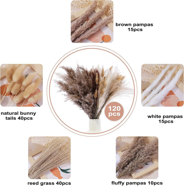 120Pcs 17Inch White Dried Pampas Grass Bunny Tails Boho Home Decor Bouquet Centrepieces & Table Decor