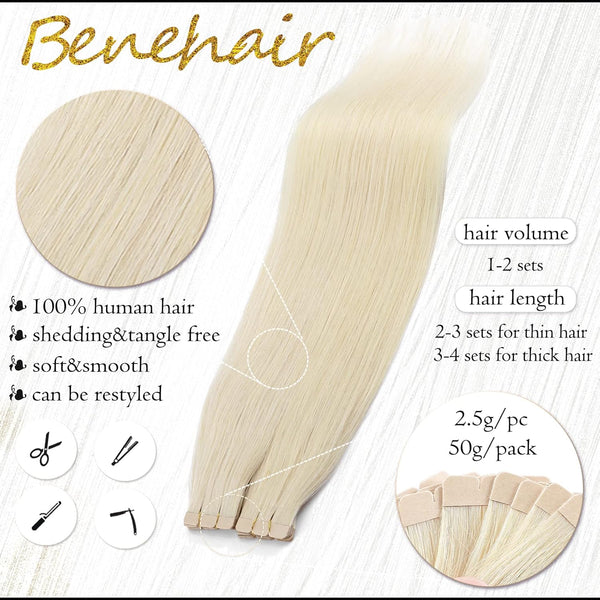 Platinum Blonde 18" Tape In Human 20Pc 50G Hair Extensions