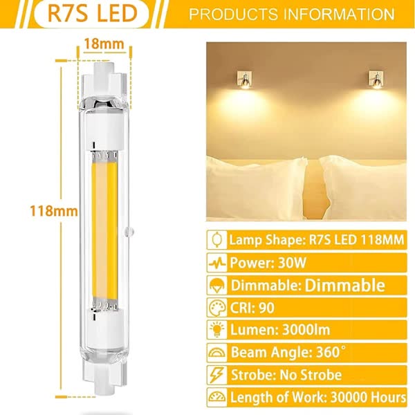 2 Pcs R7s 118Mm 30W Dimmable Led Bulb Warm White 3000K Flicker Free Light Bulbs