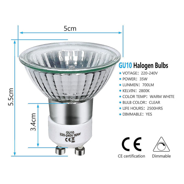 8 Pack Gu10 Halogen Bulbs 35W 220V Warm White 2800K Light Bulbs