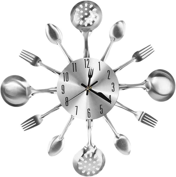 Metal Kitchen Cutlery Wall Clock 14 Inch With Fork Spoon 3D Non Ticking Quartz Watch Bedroom Home Decorsilver Wall Clocks