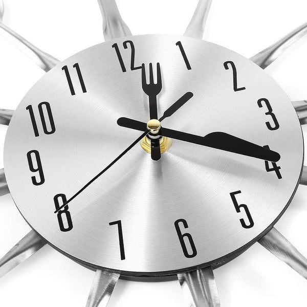 Metal Kitchen Cutlery Wall Clock 14 Inch With Fork Spoon 3D Non Ticking Quartz Watch Bedroom Home Decorsilver Wall Clocks