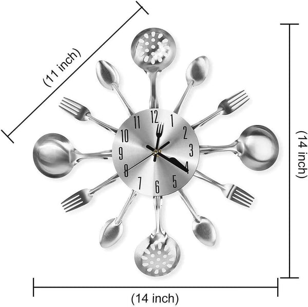 Metal Kitchen Cutlery Wall Clock 14 Inch With Fork Spoon 3D Non Ticking Quartz Watch Bedroom Home Decorsilver Wall Clocks