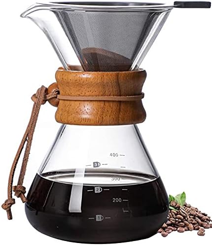 Pour Over Coffee Makerreusable Glass Pot Manual Dripper Brewer Hand With Stainless Steel Filter For Home Travel (14 Oz/400 Ml) Other Coffee Tea & Espr