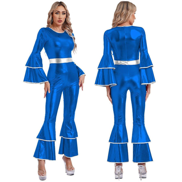 Bell Bottom Jumpsuit Royal Blue M Vintage 70S Disco Shiny Romper Cheerleading Uniform For Halloween Cosplay Theme Party And Muscle Suit Jumpsuits Romp