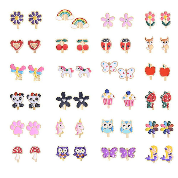 24 Pairs Girls Clip On Children Flower Alloy Princess Dress Up Earrings