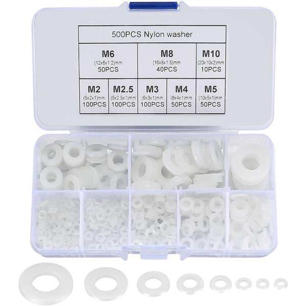 Nylon Flat Washers Assortment Kit 500 Pieces White M2 M2.5 M3 M4 M5 M6 M8 M10 Insulation Round Spacers Screws & Bolts
