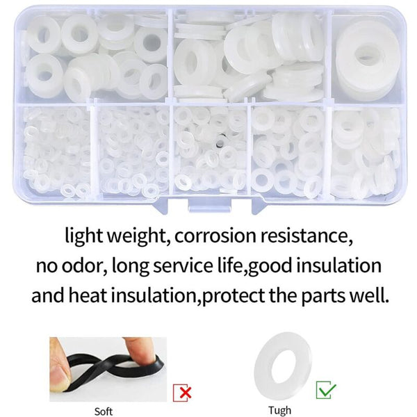 Nylon Flat Washers Assortment Kit 500 Pieces White M2 M2.5 M3 M4 M5 M6 M8 M10 Insulation Round Spacers Screws & Bolts
