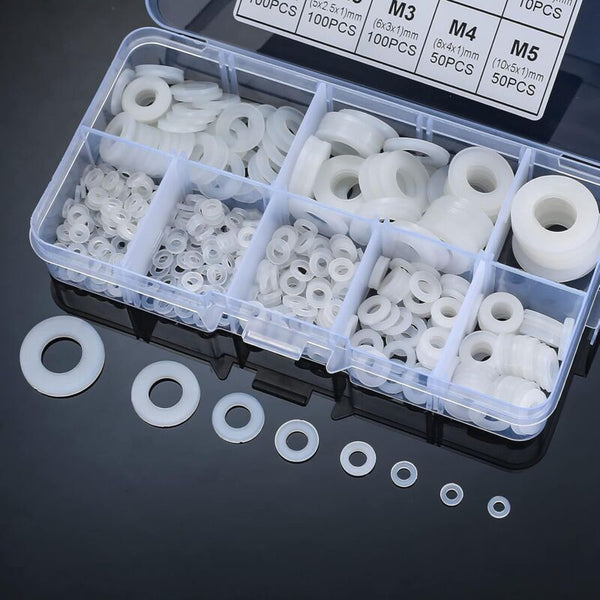 Nylon Flat Washers Assortment Kit 500 Pieces White M2 M2.5 M3 M4 M5 M6 M8 M10 Insulation Round Spacers Screws & Bolts
