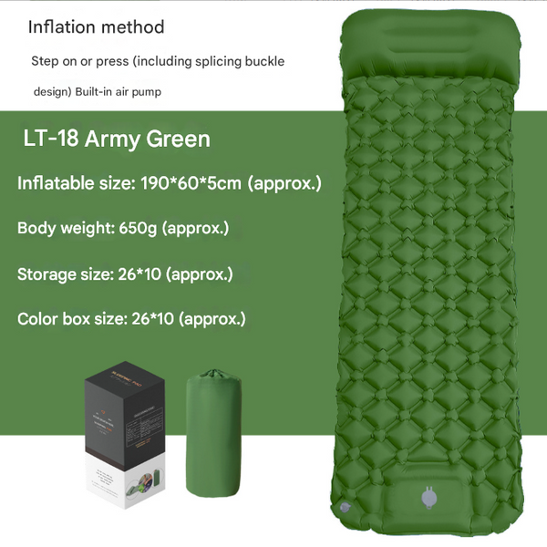 Self Inflating Camping Mattress Compact Olive Green Lightweight Thick Inflatable Compatible With Double Single Attachable Sleeping Mats