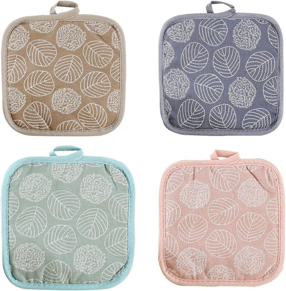4 Pack Green Leaf Cotton Linen Heat Insulation Mats Non Slip Pot Holders Oven Mitts & Potholders