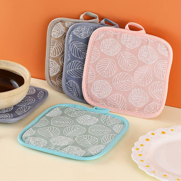 4 Pack Green Leaf Cotton Linen Heat Insulation Mats Non Slip Pot Holders Oven Mitts & Potholders