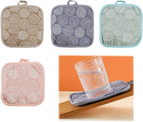 4 Pack Green Leaf Cotton Linen Heat Insulation Mats Non Slip Pot Holders Oven Mitts & Potholders