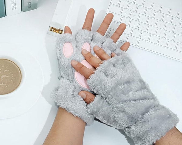 Gray Cartoon Cat Paw Fingerless Plush Winter Gloves Baby Gloves
