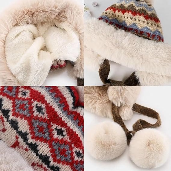 Hat Thick Wool Knitted Women's Winter With Pompoms Warm Lining Aviator Earflaps Christmas Gift Birthday (Coffee Color) Hats