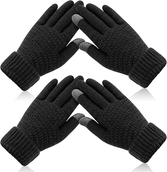 Mens Winter Touchscreen Gloves Warm Soft Knitted Elastic Cuffs Black 2 Pack Gloves & Mittens