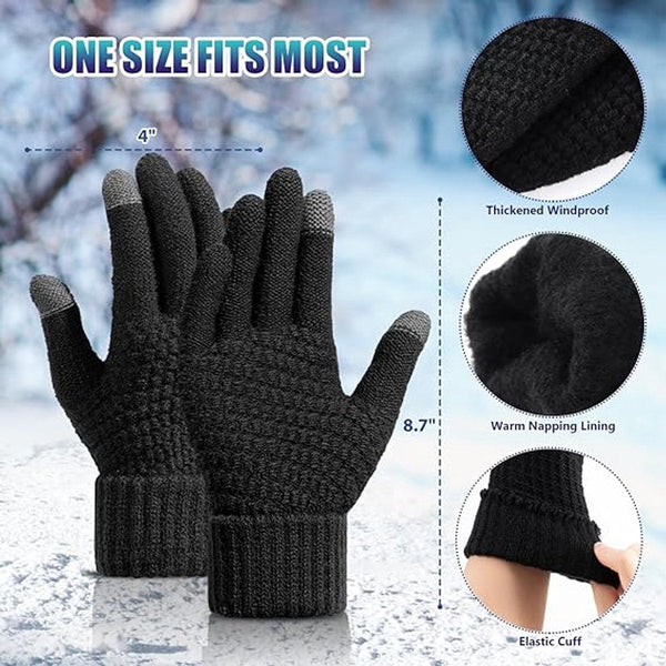 Mens Winter Touchscreen Gloves Warm Soft Knitted Elastic Cuffs Black 2 Pack Gloves & Mittens