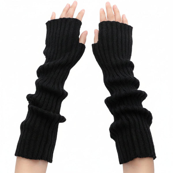Black Long Knitted Fingerless Gloves For Women Gloves & Mittens