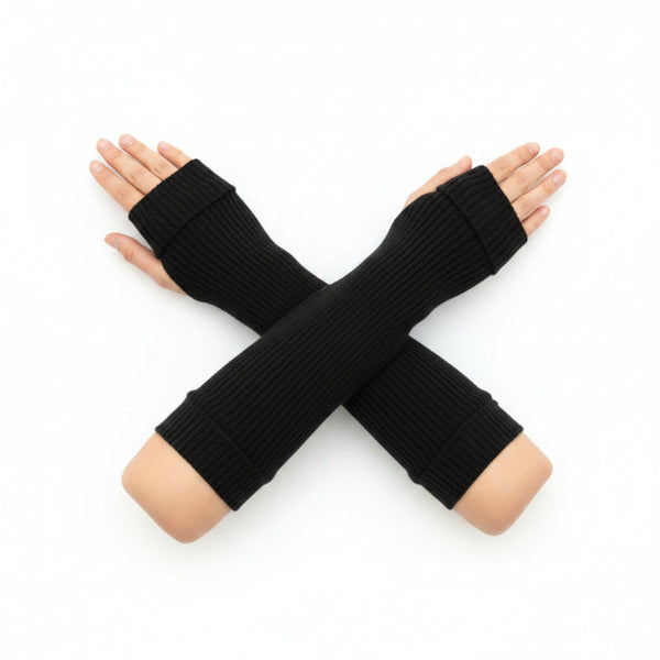 Black Long Knitted Fingerless Gloves For Women Gloves & Mittens