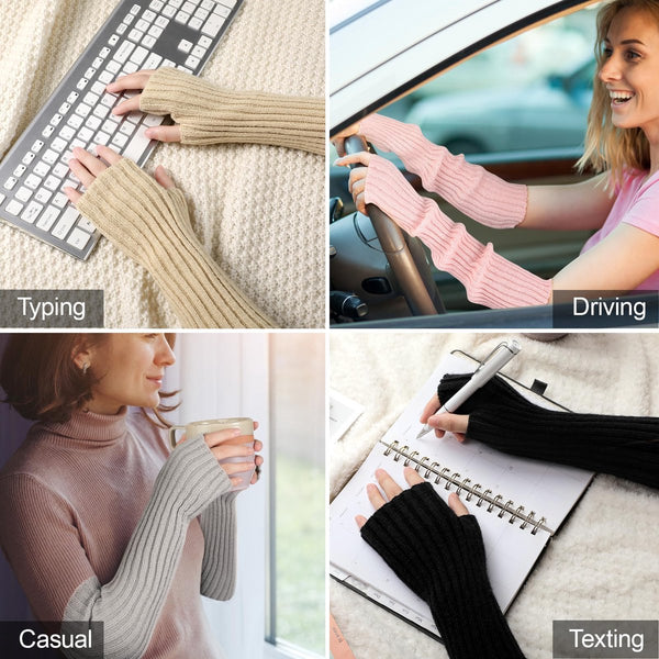 Black Long Knitted Fingerless Gloves For Women Gloves & Mittens