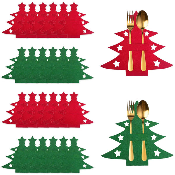 Christmas Tree Cutlery Holder Set 24 Piece Silver Felt Seasonal Decorations