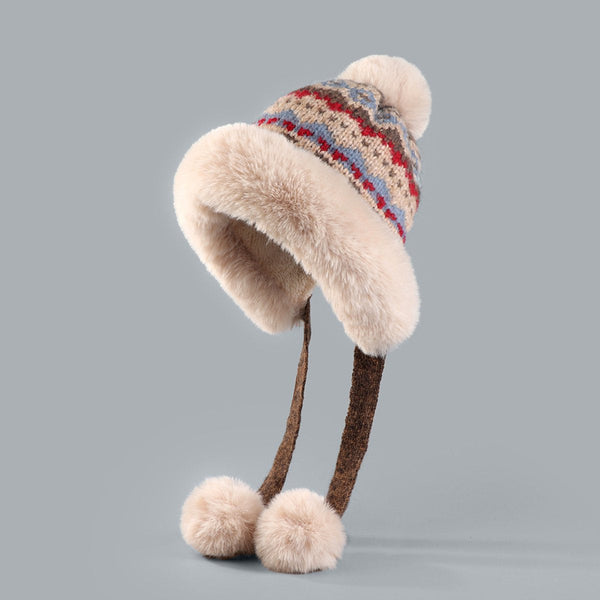 Hat Thick Wool Knitted Women's Winter With Pompoms Warm Lining Aviator Earflaps Christmas Gift Birthday (Khaki) Hats