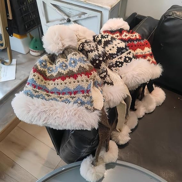 Hat Thick Wool Knitted Women's Winter With Pompoms Warm Lining Aviator Earflaps Christmas Gift Birthday (Khaki) Hats