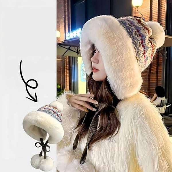 Hat Thick Wool Knitted Women's Winter With Pompoms Warm Lining Aviator Earflaps Christmas Gift Birthday (Khaki) Hats