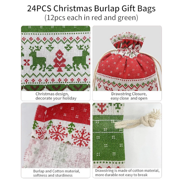 24 Pack Christmas Linen With Drawstring 13X18cm Reusable Party Favors Gift Bags