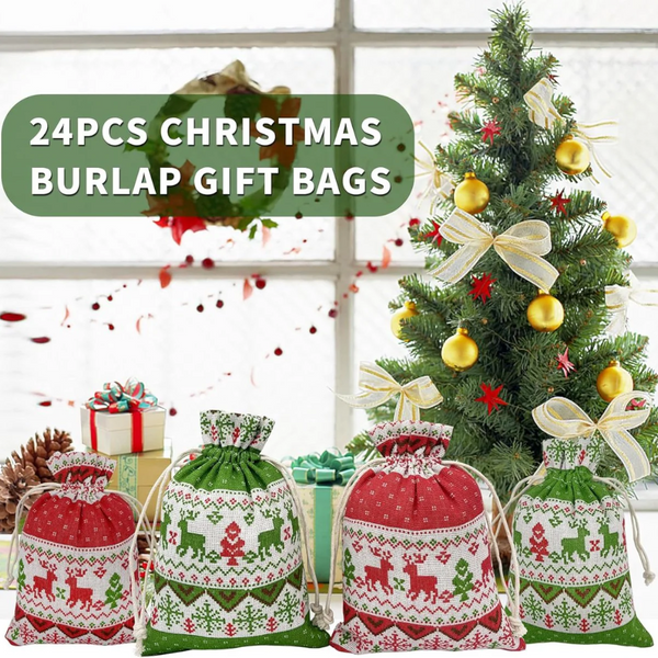 24 Pack Christmas Linen With Drawstring 13X18cm Reusable Party Favors Gift Bags