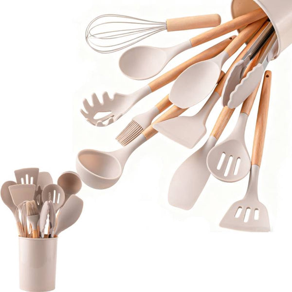 12 Piece Silicone Kitchen Utensil Set With Wooden Handles & Storage Bucket Cooking Utensils