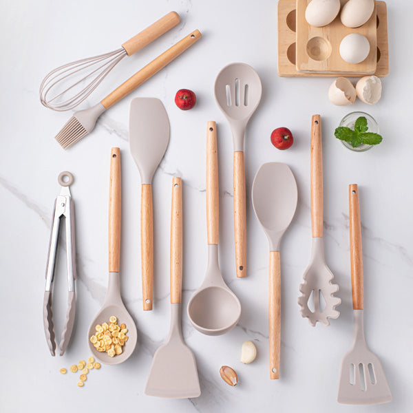 12 Piece Silicone Kitchen Utensil Set With Wooden Handles & Storage Bucket Cooking Utensils