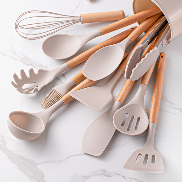 12 Piece Silicone Kitchen Utensil Set With Wooden Handles & Storage Bucket Cooking Utensils