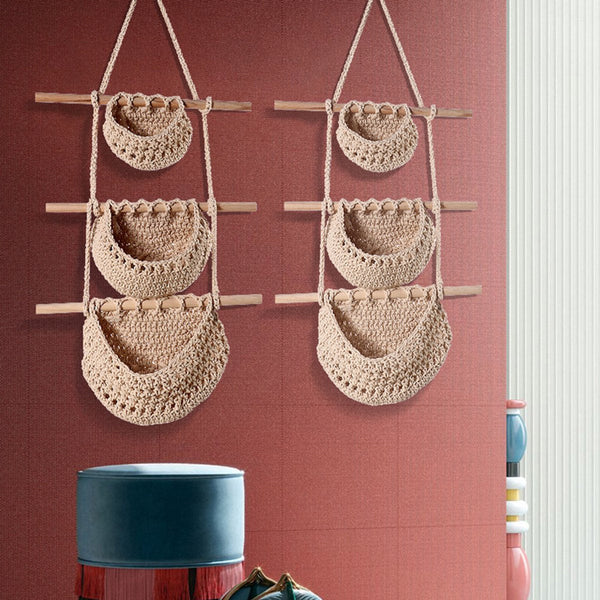Three Tier Hanging Fruit And Vegetable Basket Removable Wall Rack Hand Woven Beige Multifunctional Kitchen Storage Bohemian Home Decor Planters & Vase