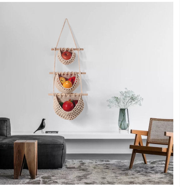 Three Tier Hanging Fruit And Vegetable Basket Removable Wall Rack Hand Woven Beige Multifunctional Kitchen Storage Bohemian Home Decor Planters & Vase