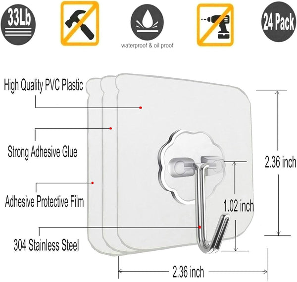 24 Pack Transparent Self Adhesive Hooks Waterproof & Durable Hooks & Hangers