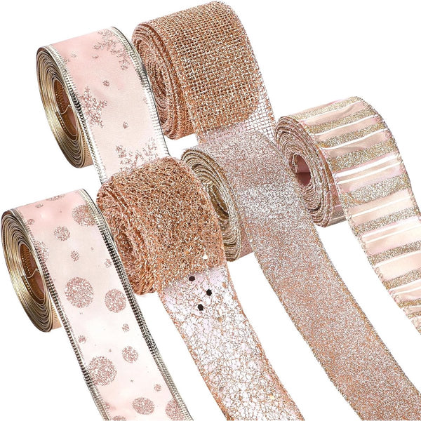 6 Rolls Sparkling Rose Gold Silk Ribbon For Christmas Crafts & Decor 1.5" X 19" Seasonal Decorations