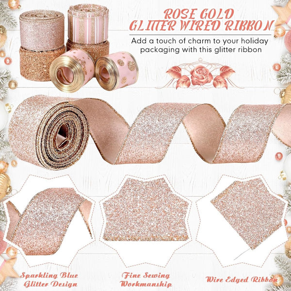 6 Rolls Sparkling Rose Gold Silk Ribbon For Christmas Crafts & Decor 1.5" X 19" Seasonal Decorations