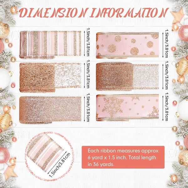 6 Rolls Sparkling Rose Gold Silk Ribbon For Christmas Crafts & Decor 1.5" X 19" Seasonal Decorations