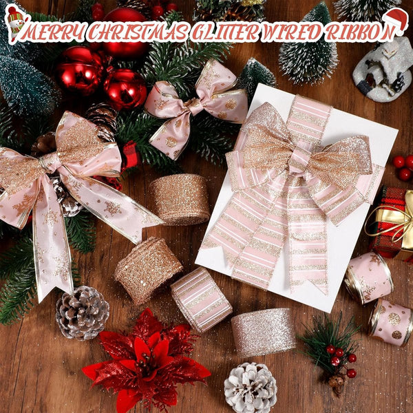 6 Rolls Sparkling Rose Gold Silk Ribbon For Christmas Crafts & Decor 1.5" X 19" Seasonal Decorations